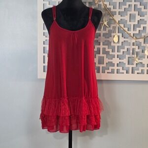 Origami by Vivien Red Ruffle Tiered Babydoll Tunic Dress Floral Mesh Medium